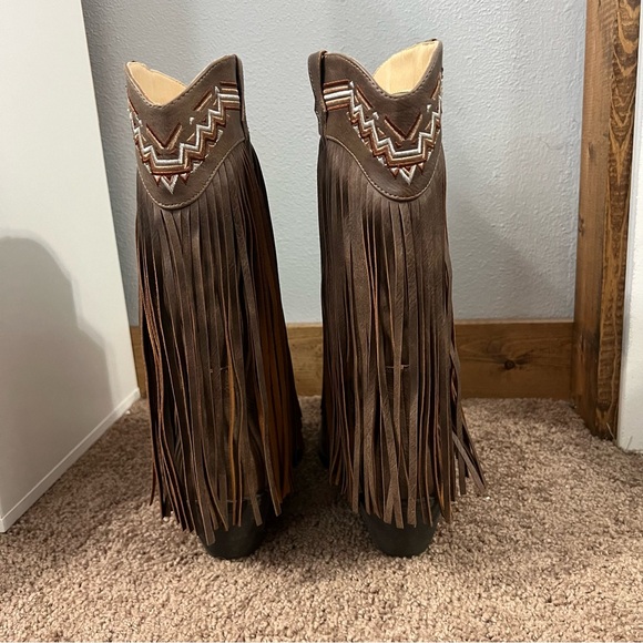 ROPER Womens Fringes Snip Toe Casual Boots Mid Calf Mid Heel 2-3" - Brown - Picture 4 of 4